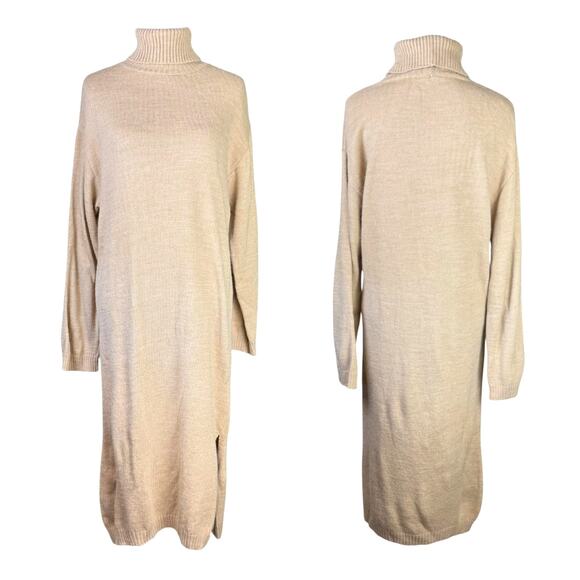 NA-KD Tan Knitted Oversized Long Sleeve Side Slit Turtleneck Midi Sweater Dress - Picture 3 of 12